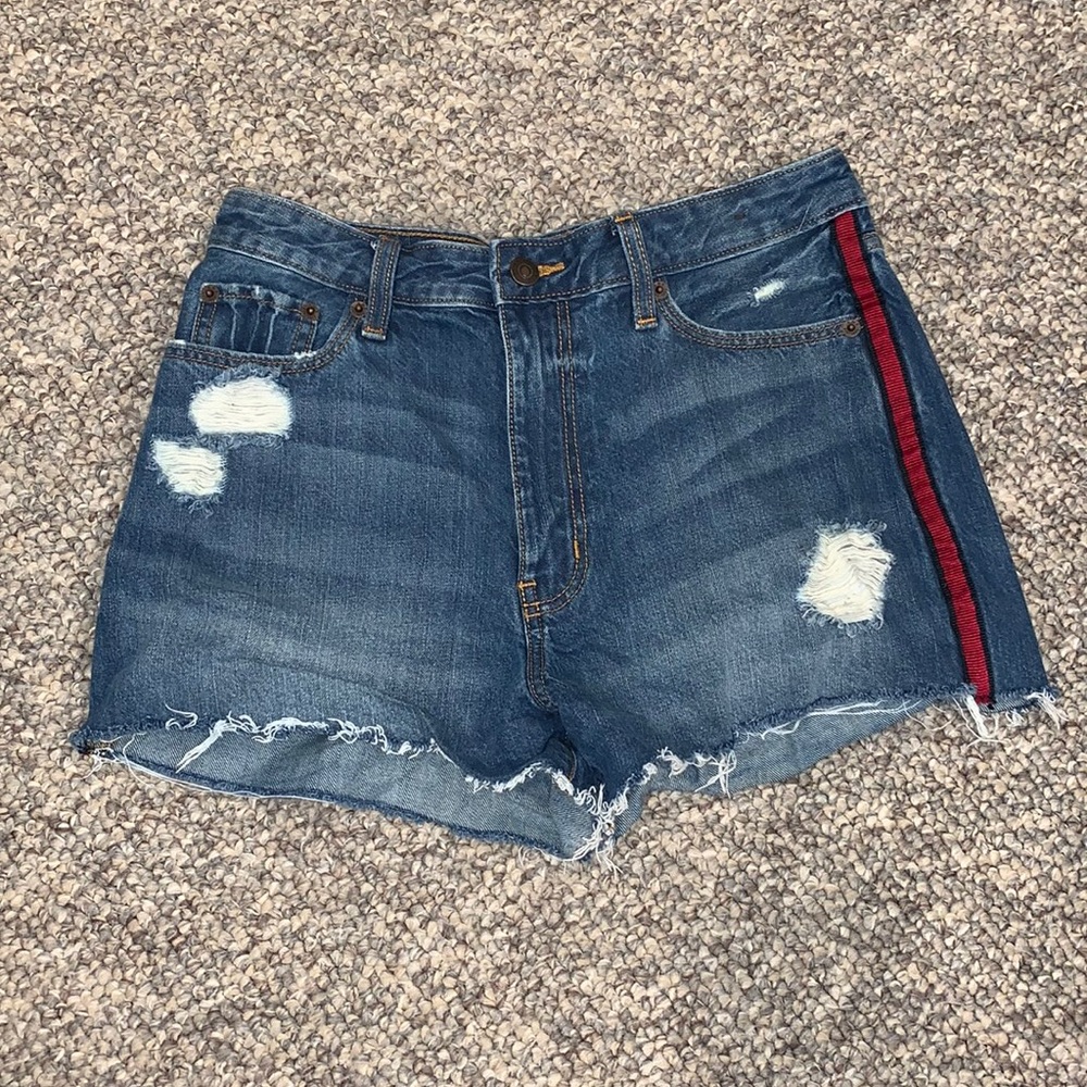 Abercrombie & Fitch High Waist Denim Shorts with Red Stripe